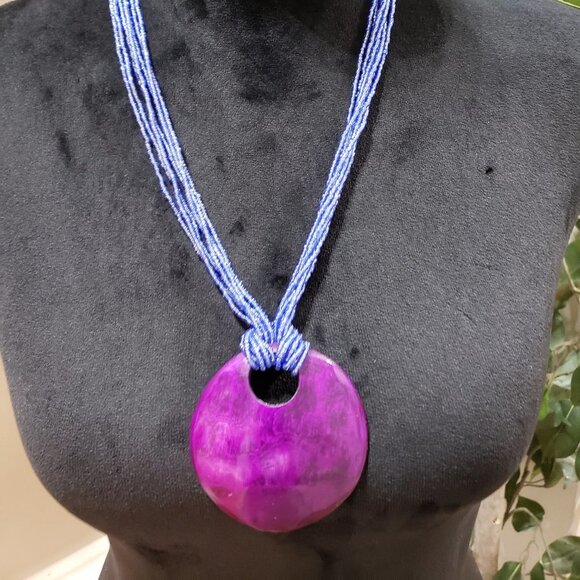 Womens Fashion Chunky Multi Strand Elegant Blue Seed Beaded Big Pendant Necklace - Picture 1 of 6